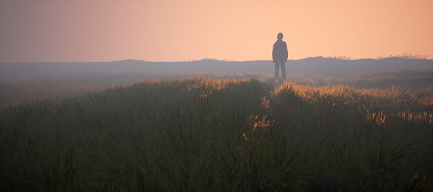 Boy in foggy pasture in countryside during sunrise. 3D rendering.