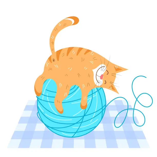 Vector illustration of Cheerful red cat lies on a blue ball of yarn