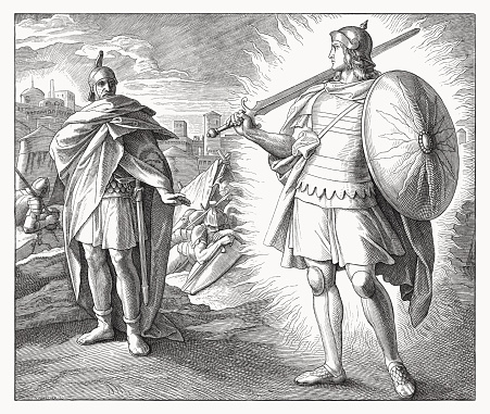 Joshua sees the commander of the Lord's army´(Joshua 5, 13 - 15). Wood engraving by Julius Schnorr von Carolsfeld (German painter, 1794 - 1872), published in 1860.