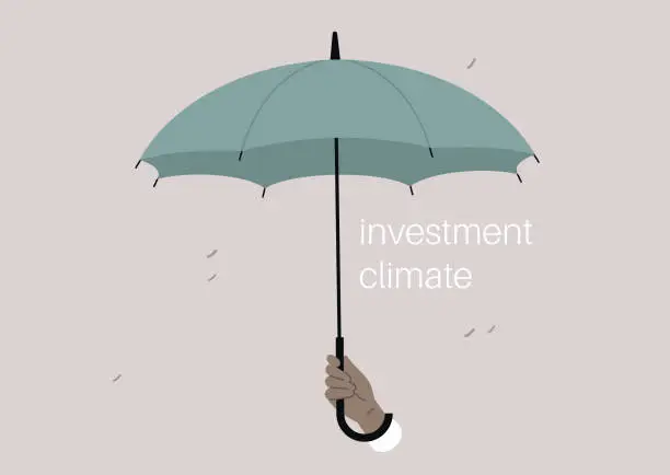 Vector illustration of Investment climate, a hand holding an open umbrella as a symbol of protection and good financial conditions