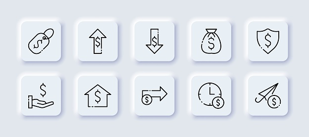Money set icon. Hand with a coin, payment, salary, stack of coins, dollar, cent, mail, marketing ploy, list, spam, target audience, tax protection. Neomorphism style. Vector line icon