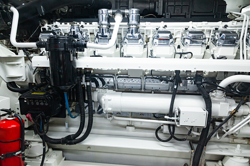 Marine engine installed inside a luxury yacht.