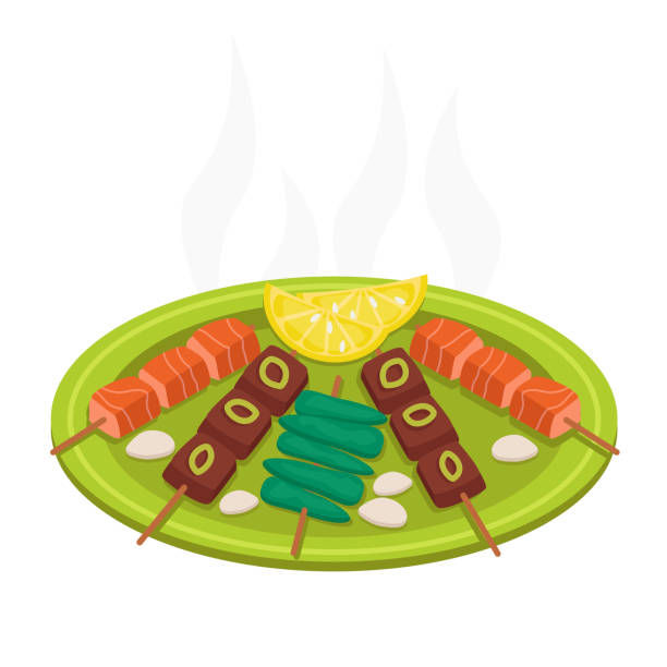 illustrazioni stock, clip art, cartoni animati e icone di tendenza di barbecue. barbecue. - cooked barbecue eating serving