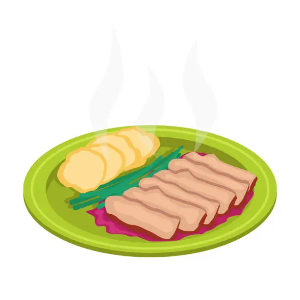 Vector illustration of Meat dish with potatoes, berry sauce and onions.