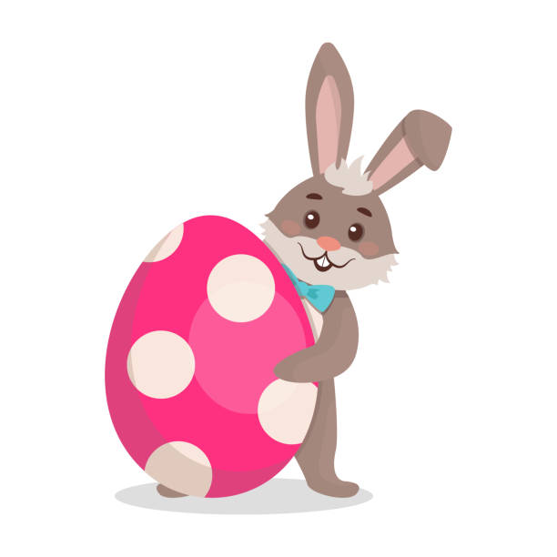 illustrations, cliparts, dessins animés et icônes de illustration vectorielle. le lapin de pâques jette un coup d’œil derrière un gros œuf peint. - decoration eggs leaf easter