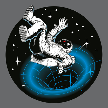 Astronaut falling or being sucked into a black hole, outer space and stars on background. Wormhole or theory of relativity physics concept. Comic book style vector illustration.