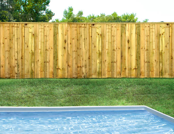 istock Empty backyard with pool, trees, flowers and wood fence 1473294985