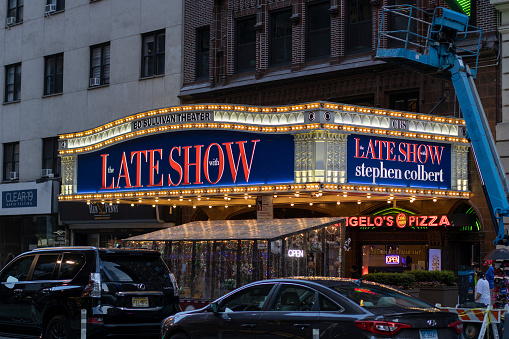 New York, NY, USA - July 2, 2022: The entrance to the Ed Sullivan Theater, the production location of the Late Show with Stephen Colbert, in the Theater District of Midtown Manhattan.