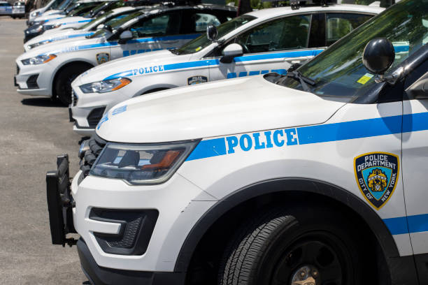 New York, NY, USA - July 4, 2022: Fleet of patrol cars are seen outside the New York Police Department's 108th Precinct in Long Island City in the New York City borough of Queens.