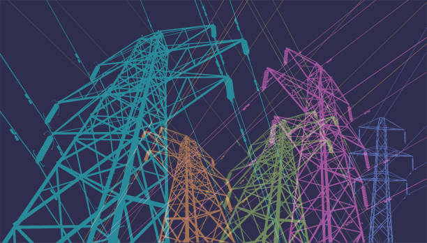 Electricity Pylons Colourful overlapping silhouettes of Electricity Pylons. electricity, electricity pylon, national grid, power line, transmit, transformer electrical tower illustration stock illustrations