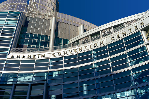 Anaheim, CA, USA – November 3, 2022:  Anaheim Convention Center  name sign on exterior of the building in Anaheim, California.