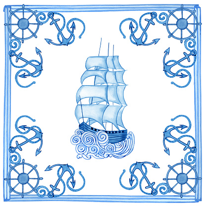 Ceramic traditional blue majolica tiles design. Watercolor hand drawn illustration of Sicilian ornament. Azulejo style retro sailboat.