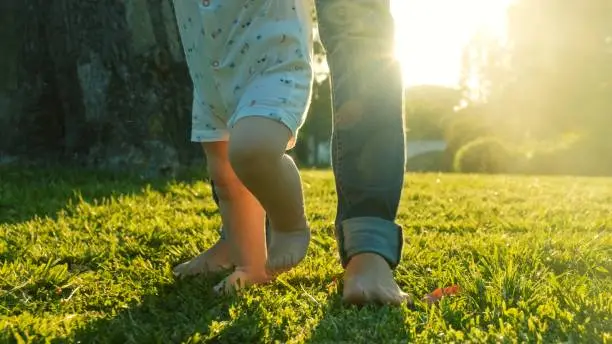 Photo of Walking children's bare feet on a green lawn close-up. Child learns to take the first steps on the grass. Baby learns to walk with the help of his mother on a green grass in the park.