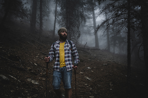 Tourist walking in dark forest in dense fog. Middle aged man with hiking poles in casual clothing exploring dark misty forest covered with dense fog