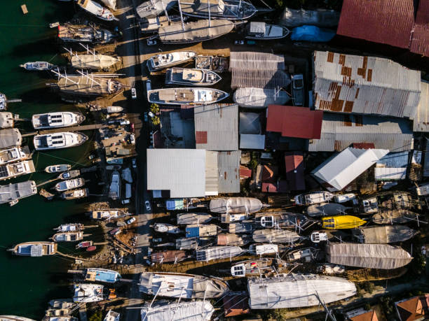 Shipyard and repair dock seen from drone. Shoot directly above
