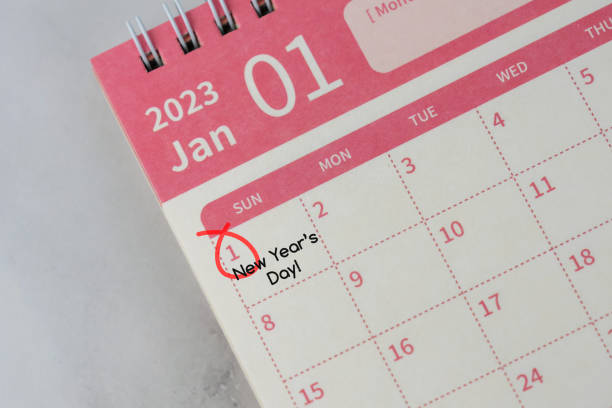 istock January 01 New Year's day circled on desk calendar flat lay 1473306599