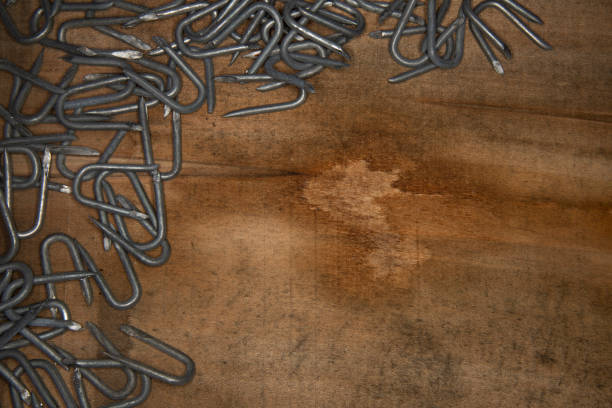 heavy barbed wire staples used for attaching wire to post or other wood surface creating a boarder or background