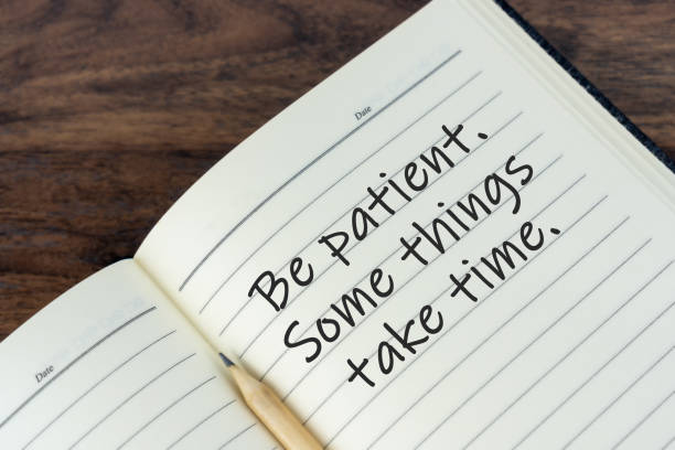 istock Inspirational quotes on note pad with text - Be patient, some things take time. 1473306827
