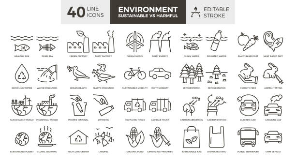 환경, 지속 가능 vs 유해. 벡터 얇은 선 40 아이콘은 편집 가능한 스트로크로 설정됩니다. 건강한 개념과 건강에 해로운 지속 불가능한 개념을 나타내는 아이콘입니다. 자연 보호, 지구 보호 - global warming pollution deforestation carbon dioxide stock illustrations