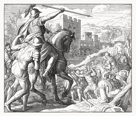 Israel Conquers Ai (Joshua 8, 18 - 19). Wood engraving by Julius Schnorr von Carolsfeld (German painter, 1794 - 1872), published in 1860.