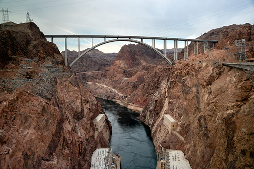 Hoover Dam at Boulder City Nevada Las Vegas Near the Arizona Border Showing Very Low Water Levels in Lake Mead Reservoir Due to Long-Term Drought Conditions in the American Southwest