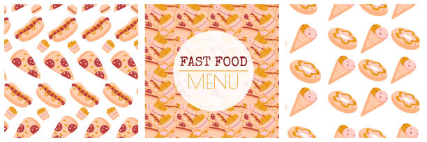 muster mit fast food. hintergrund für diner-menü, druck, verpackung. satz heller muster vektorillustration - foodbackground stock-grafiken, -clipart, -cartoons und -symbole