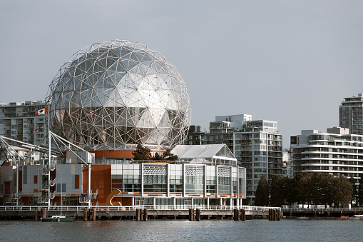 Vancouver, British Columbia, Canada, August 25, 2018: The Telus World of Science Museum - was built for Expo 86 and has remained a unique part of the Vancouver Skyline