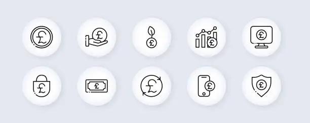 Vector illustration of Euro set icon. Financial management, info, stat, chart, accounting, money bag, coin, blockchain, internet, cloud storage features, online, exchange. Neomorphism style. Vector line icon for Advertising