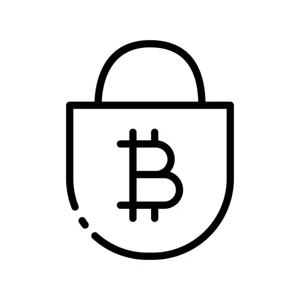 Vector illustration of Bitcoin with lock set icon. Protect cripto wallet, infographic, accounting, money bag, coin, blockchain, internet, cloud storage features, online, exchange. Vector line icon on white background