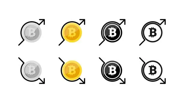 Vector illustration of Bitcoin with arrow set icon. Stat, cripto wallet, infographic, accounting, money bag, coin, blockchain, internet, cloud storage features, online, exchange. Vector line icon on white background