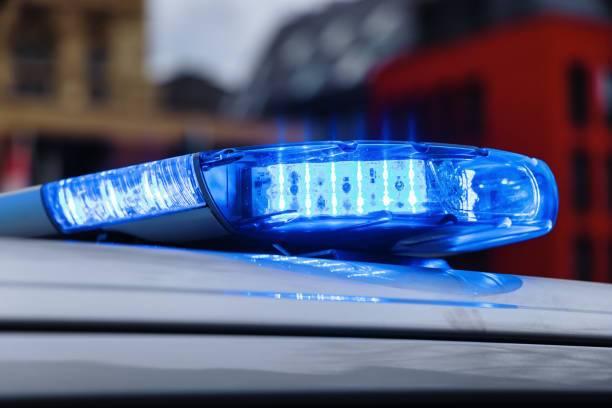 picture of an illuminated  blue light on a German polic car