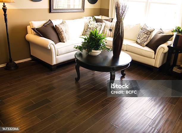 Sala De Estar Con Pisos De Madera Y Sofá Foto de stock y más banco de imágenes de Madera noble - Madera noble, Suelo, Casa