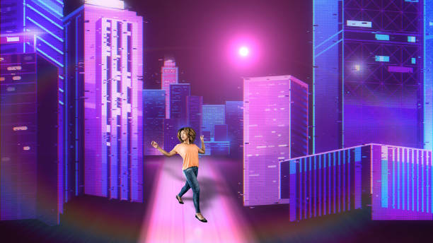 istock Young woman on metaverse city 1473325534