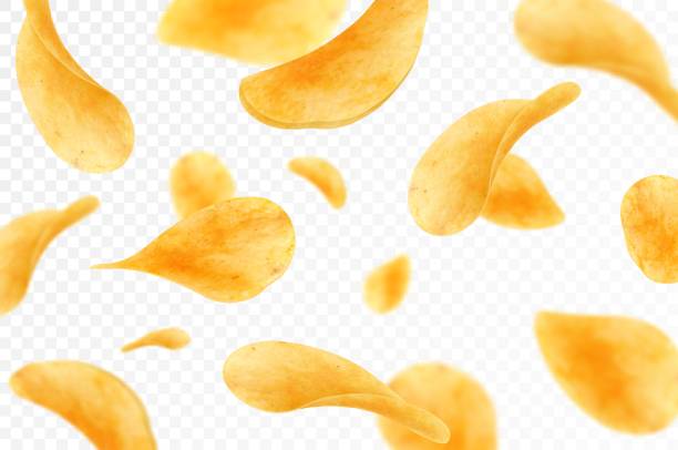 Web Flying and falling crispy potato chips realistic vector background. Thin crunchy slices of fried potato vegetable with salt and spices 3d backdrop of fast food snacks and crisps crisps stock illustrations