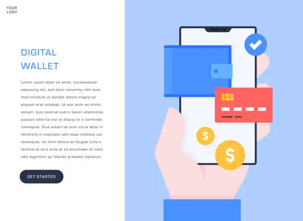 Vector illustration of Digital Wallet, Electronic Banking, Mobile Payment Concepts Flat Design Illustration. Mobile phone screen concept.