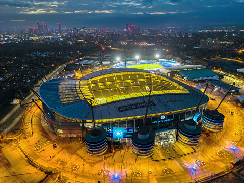 Manchester City's Etihad Stadium taken a Dusk , Aerial Image. Greater Manchester, United Kingdom. 30th January 2023.