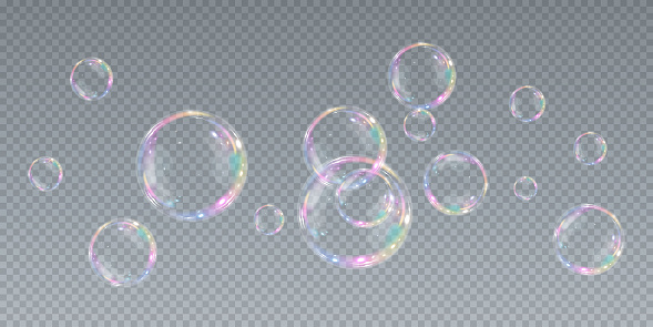 Collection of realistic soap bubbles. Bubbles are located on a transparent background. Vector flying soap bubble. Bubble  Water glass bubble realistic .