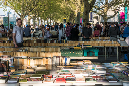 Used book market under Waterloo Bridge, South Bank, London, England, United Kingdom
