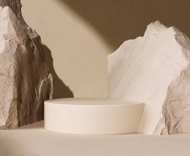istock Minimal natural product display background. Stone rock and round podium, 3d rendering 1473331250