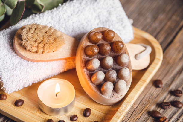 istock Spa composition with coffee massage scrub soap on a wooden surface. 1473336542
