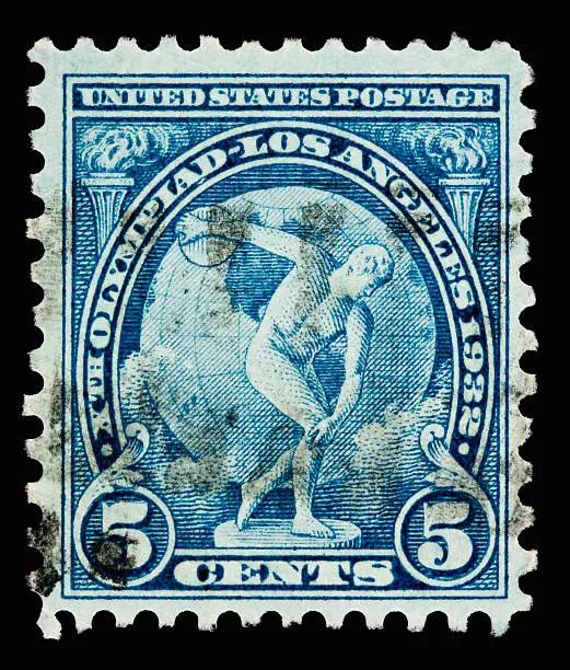 A 1932 issued 5 cent United States postage stamp showing Myron's Discobolus celebrating the 10th Olympiad.