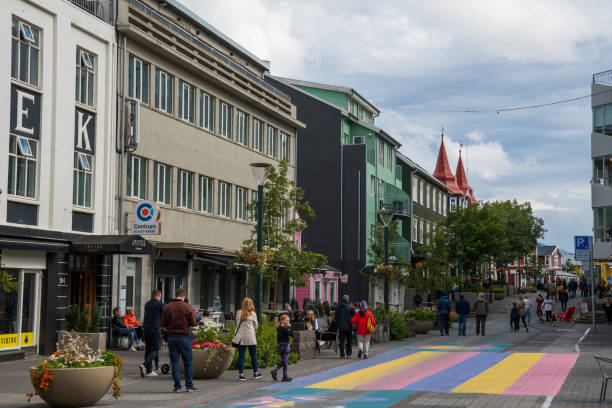 buildings and people in city center of Akureyri Akureyri Iceland - July 21. 2022: buildings and people in city center of Akureyri akureyri stock pictures, royalty-free photos & images