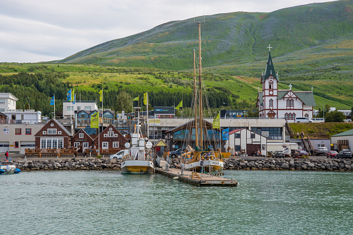 Husavik Iceland - July 15. 2021: View over port of Husavik in North Iceland