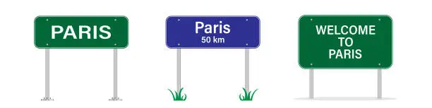 Vector illustration of Paris road sign. Welcome to Paris. The billboard on the road. Vector image