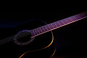 fragment of a black guitar against a dark background. guitar music low-key concept side view