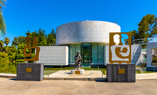 Nice, France - July 30, 2022: Modernistic Asian Arts Museum, Musee des Arts Asiatiques within Phoenix Park in Ouest Grand Arenas business district of Nice on French Riviera