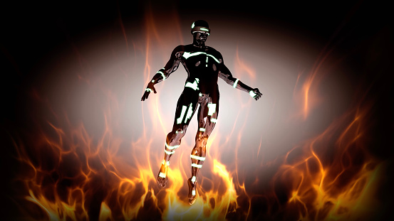 Superhero is flying on fire in the darkness. / You can see the animation movie of this image from my iStock video portfolio. Video number: 1472925106