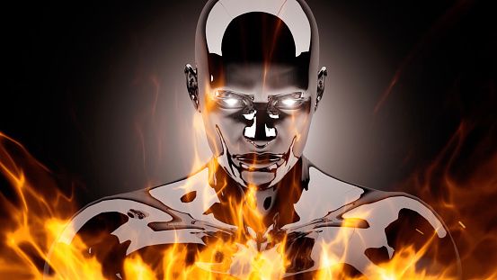 An artificial man made of titanium looking at the camera with his eyes glowing in fire. New generation terminator robot. / You can see the animation movie of this image from my iStock video portfolio. Video number: 1472823867