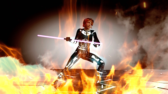 The warrior girl is preparing to attack the enemies in fire. Game character challenging with laser stick in hand. Robot girl turning fight stick in her hand on a futuristic platform. / You can see the animation movie of this image from my iStock video portfolio. Video number: 1472924022