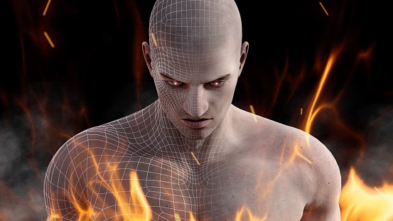 An artificial man made of organic material looking at the camera with his eyes glowing in fire. New generation terminator robot. / You can see the animation movie of this image from my iStock video portfolio. Video number: 1472822090